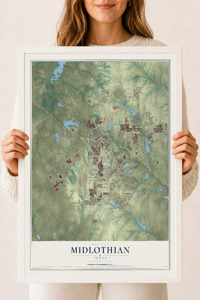 Map of Midlothian, Texas, 18 x 24 inch print in a white wood frame