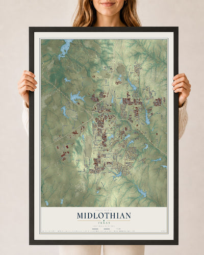Map of Midlothian, Texas, 24 x 36 inch print in a black wood frame