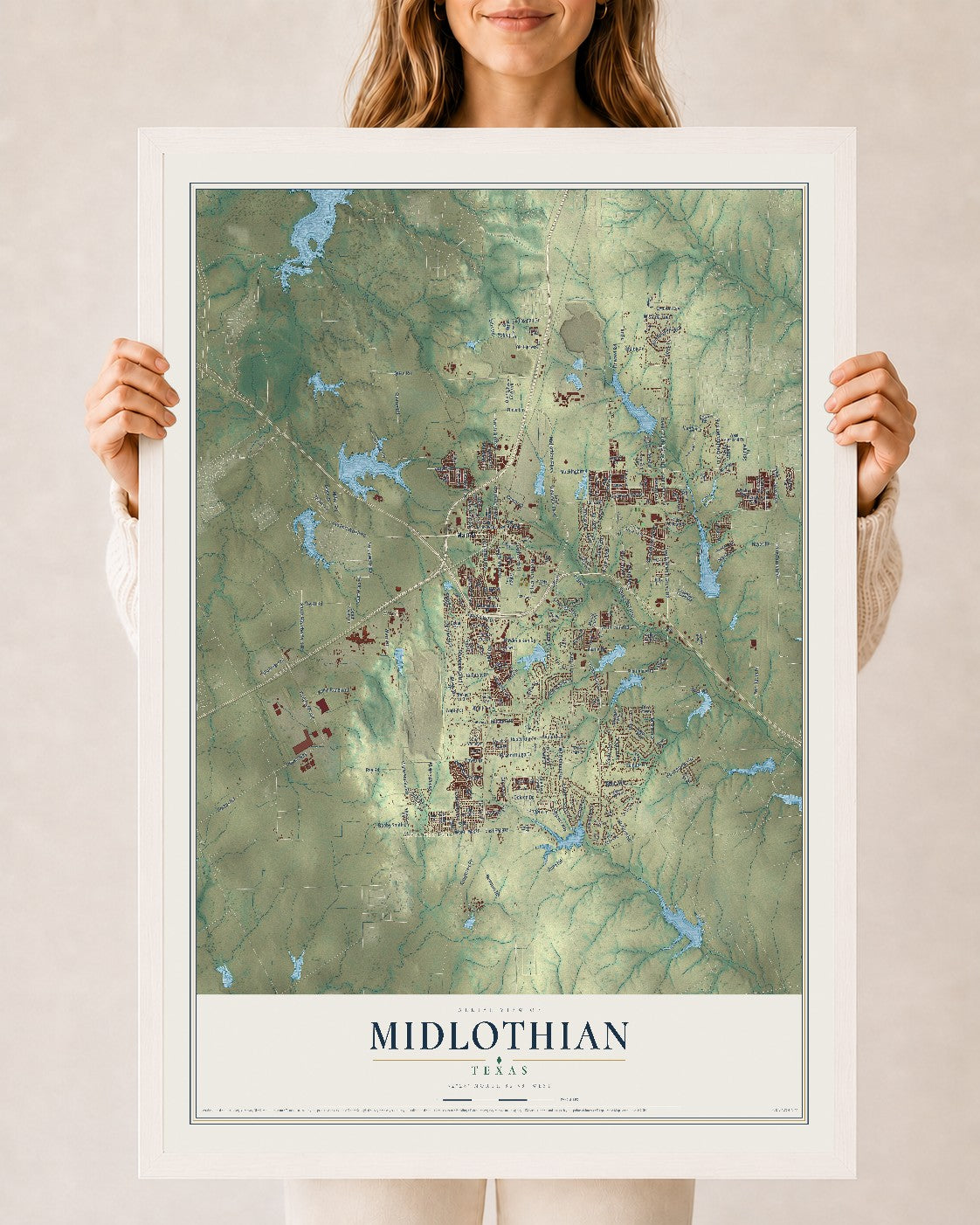 Map of Midlothian, Texas, 24 x 36 inch print in a white wood frame
