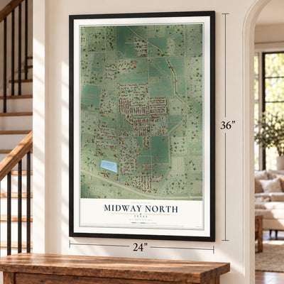 Midway North, Texas map, 24 x 36 inch print in a black frame by a staircase
