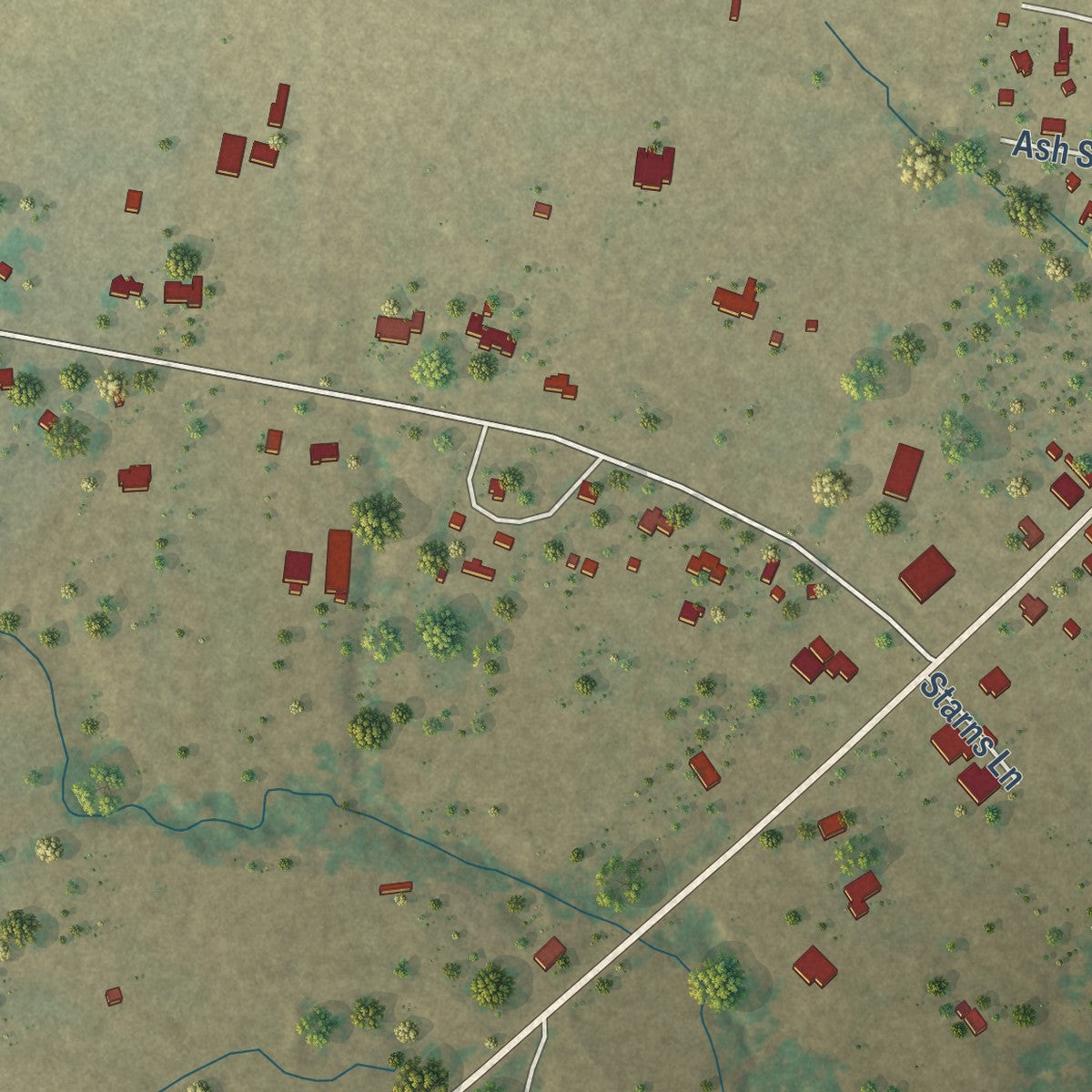 Close-up of the map of Midway, Texas print showing street and building detail