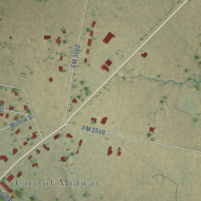 Second close-up of the map of Midway, Texas print showing more streets and buildings