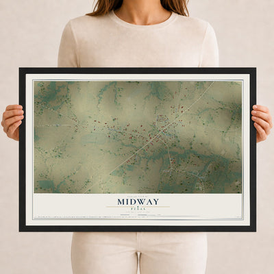 Map of Midway, Texas, 12 x 18 inch print in a black wood frame
