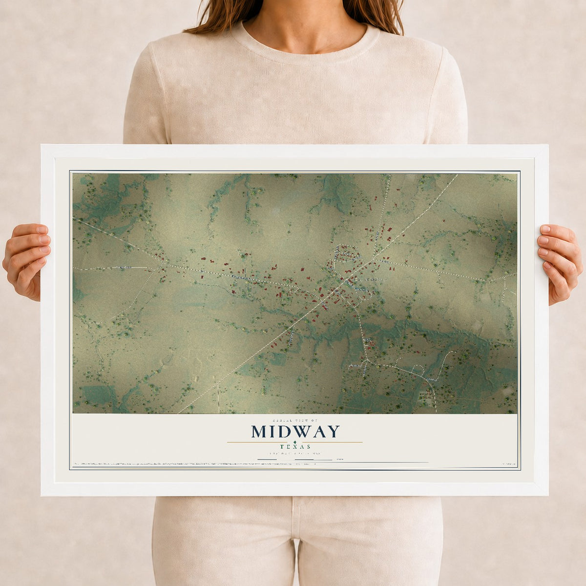 Map of Midway, Texas, 12 x 18 inch print in a white wood frame