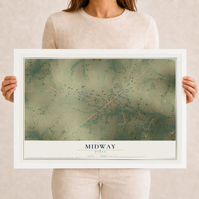 Map of Midway, Texas, 12 x 18 inch print in a white wood frame