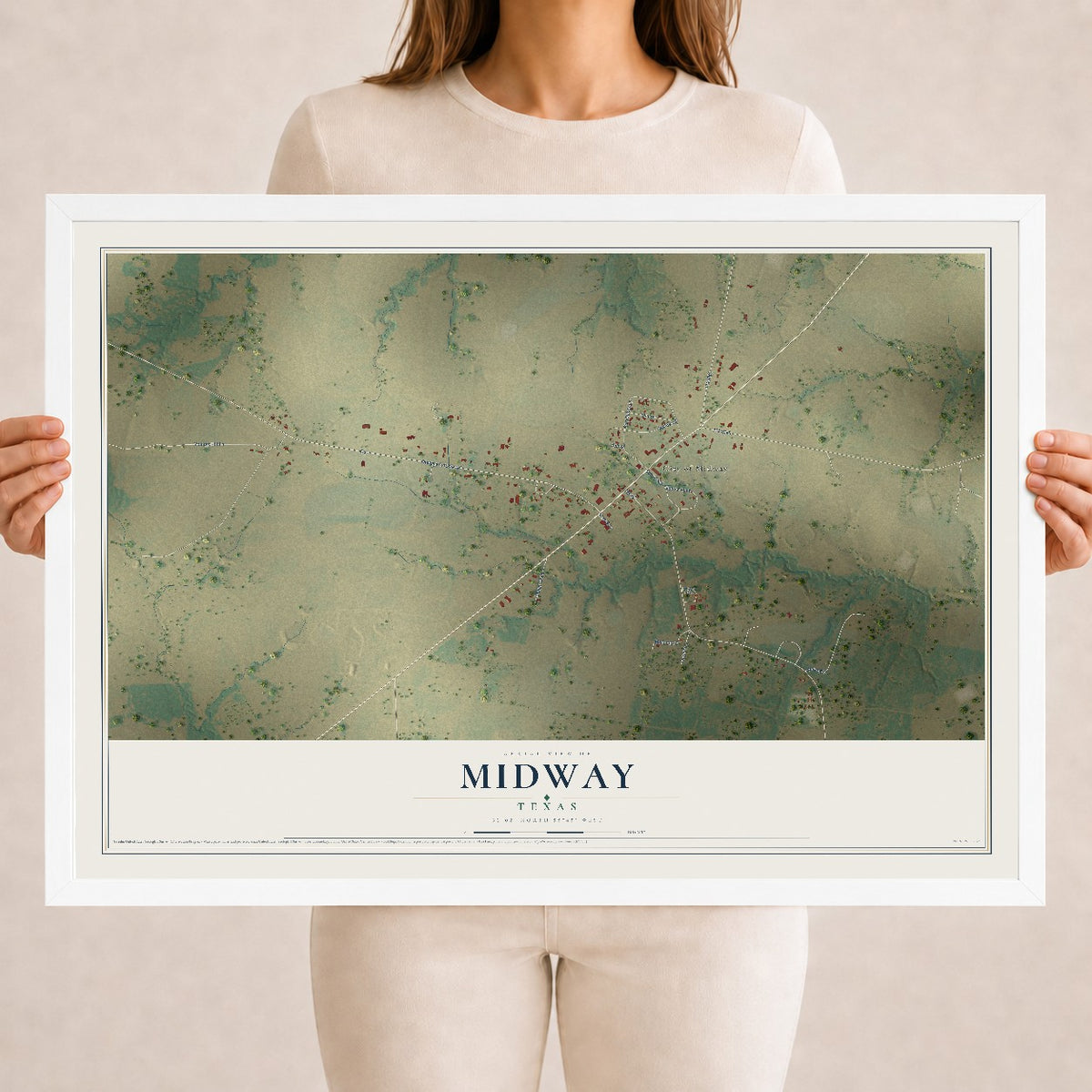 Map of Midway, Texas, 18 x 24 inch print in a white wood frame