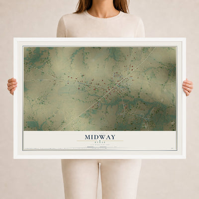 Map of Midway, Texas, 24 x 36 inch print in a white wood frame
