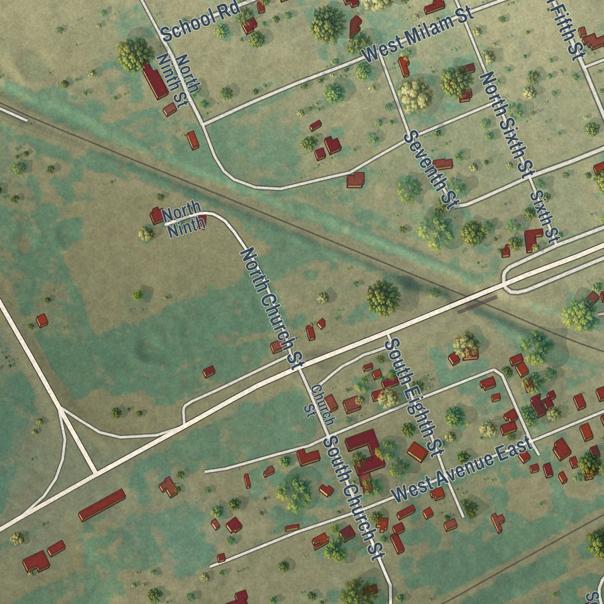 Close-up of the map of Milano, Texas print showing street and building detail