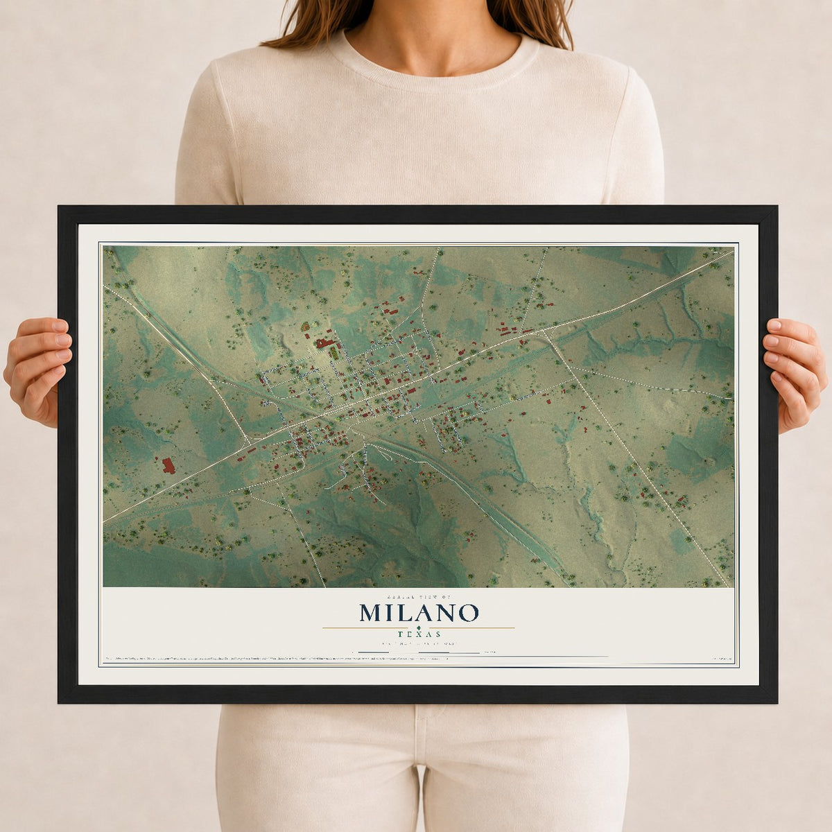 Map of Milano, Texas, 12 x 18 inch print in a black wood frame