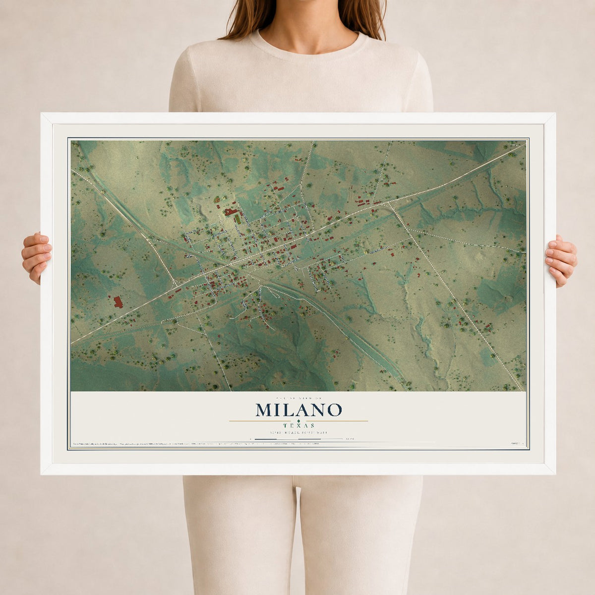 Map of Milano, Texas, 24 x 36 inch print in a white wood frame