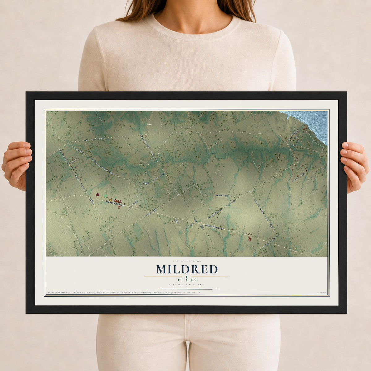Map of Mildred, Texas, 12 x 18 inch print in a black wood frame