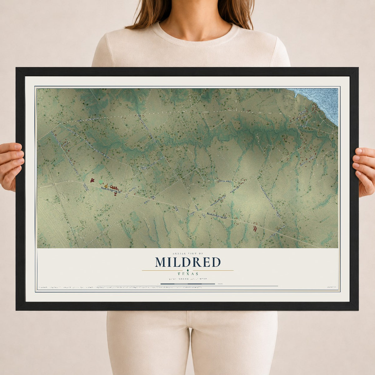Map of Mildred, Texas, 18 x 24 inch print in a black wood frame