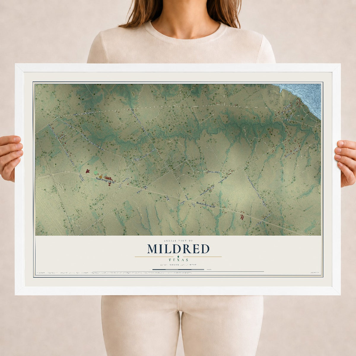 Map of Mildred, Texas, 18 x 24 inch print in a white wood frame