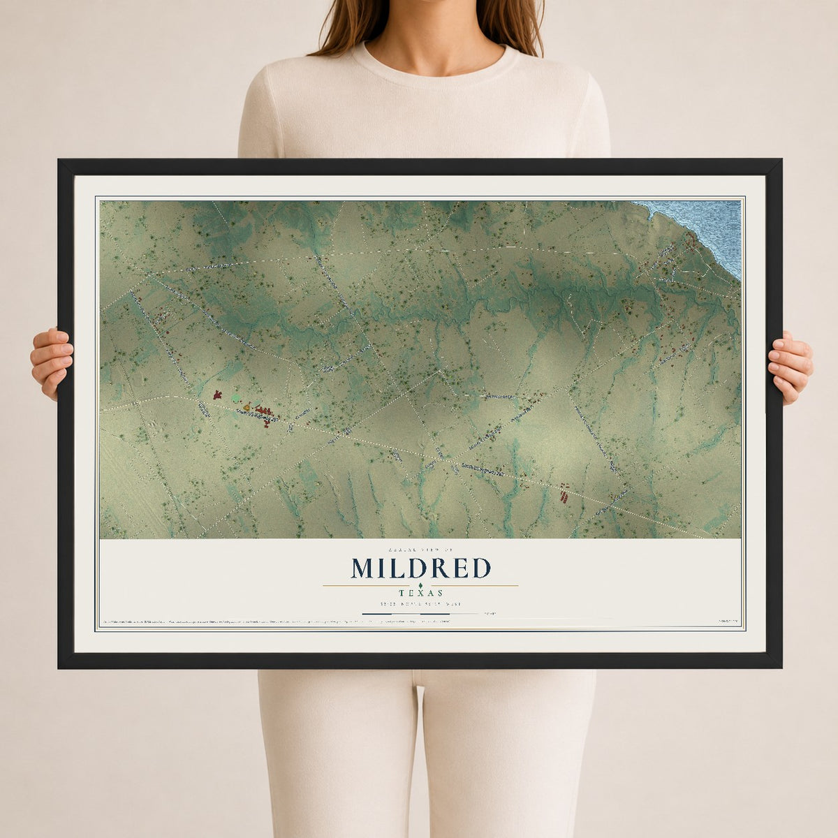 Map of Mildred, Texas, 24 x 36 inch print in a black wood frame