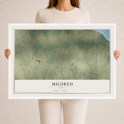 Map of Mildred, Texas, 24 x 36 inch print in a white wood frame