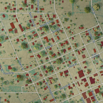 Close-up of the map of Miles, Texas print showing street and building detail
