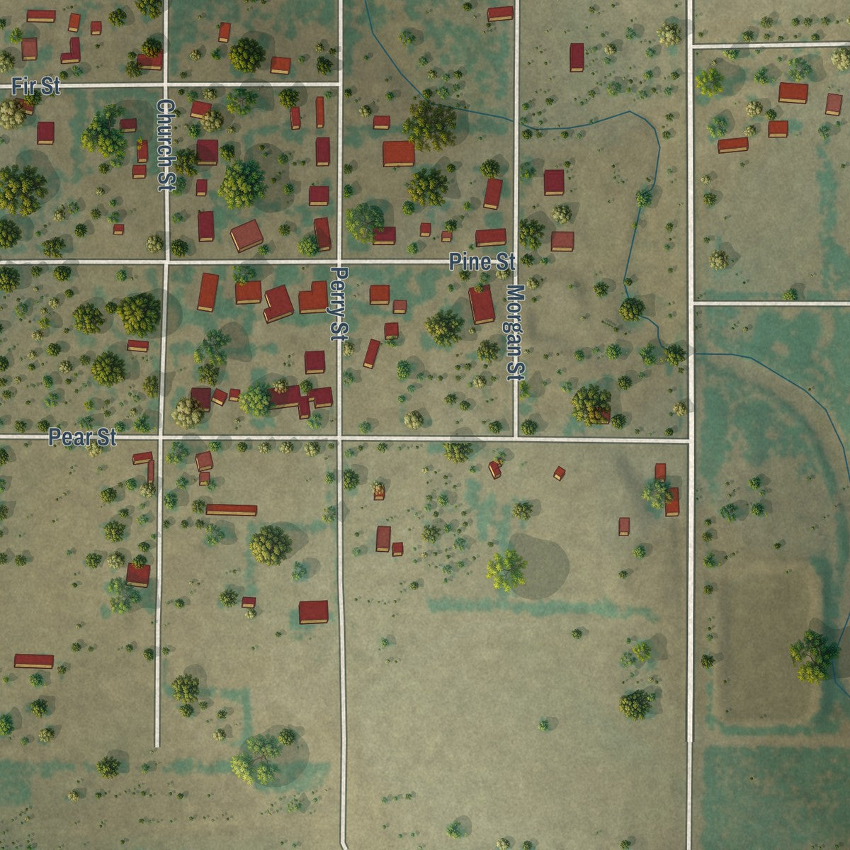Second close-up of the map of Miles, Texas print showing more streets and buildings
