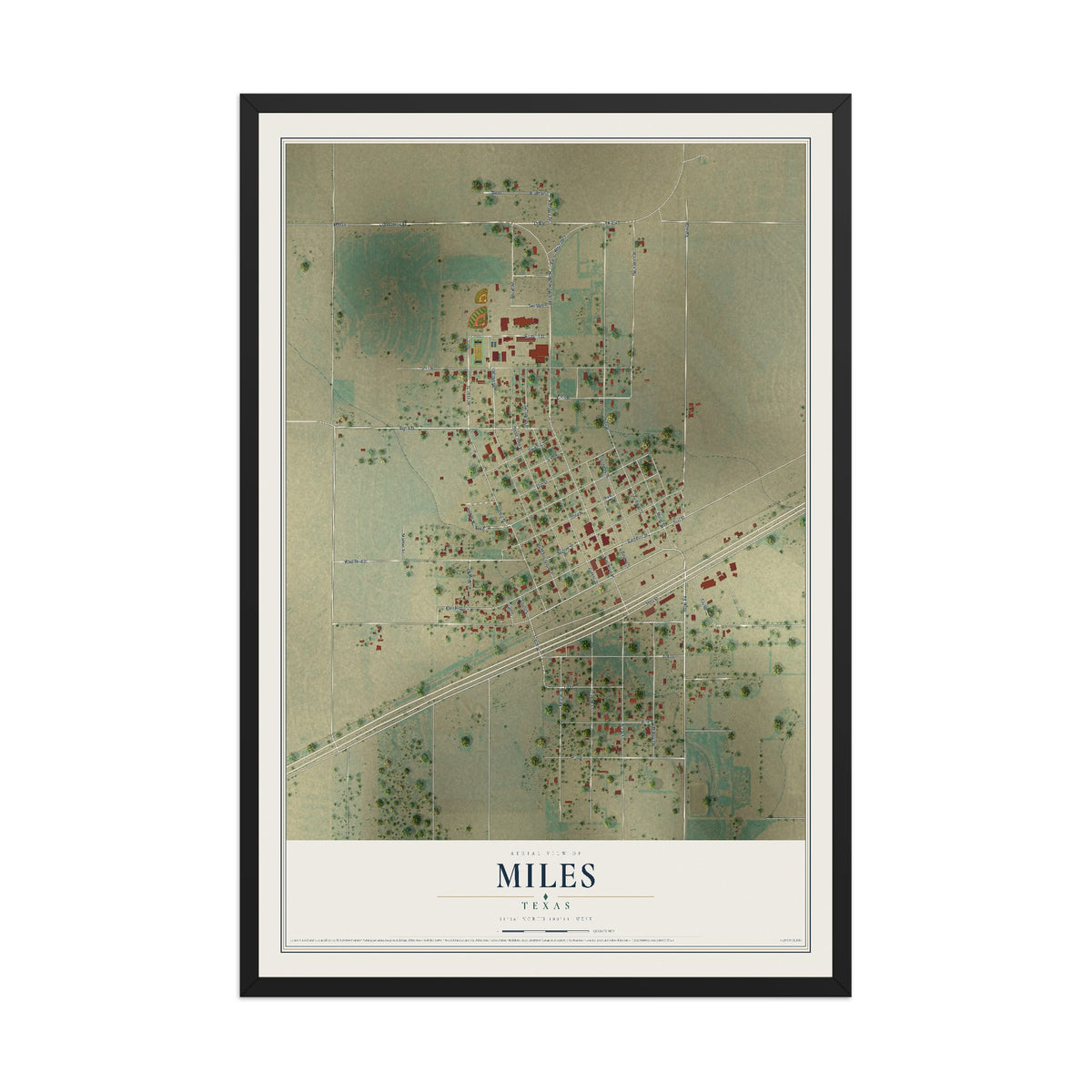 Map of Miles, Texas, 12 x 18 inch print in a black wood frame