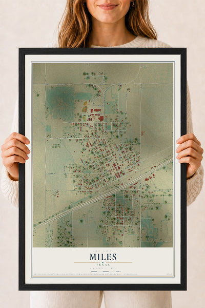 Map of Miles, Texas, 18 x 24 inch print in a black wood frame