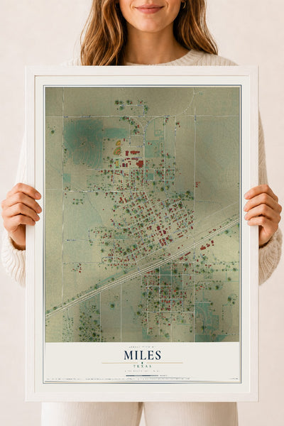 Map of Miles, Texas, 18 x 24 inch print in a white wood frame