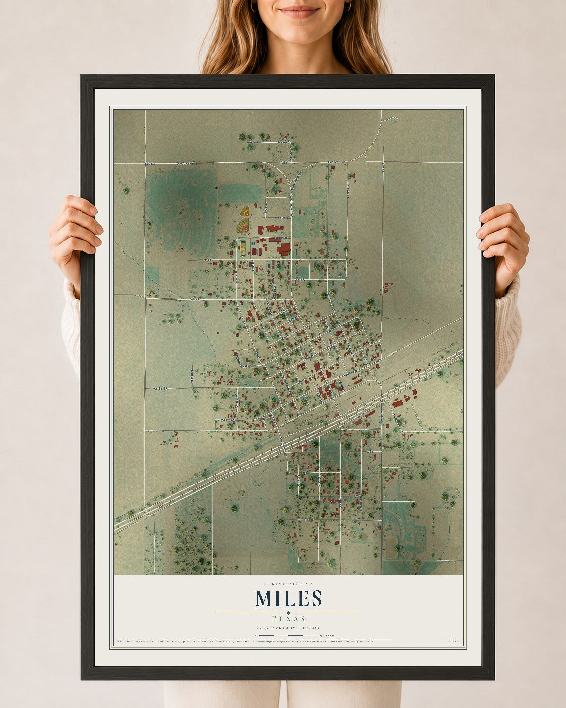 Map of Miles, Texas, 24 x 36 inch print in a black wood frame
