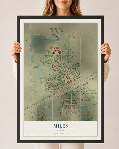 Map of Miles, Texas, 24 x 36 inch print in a black wood frame