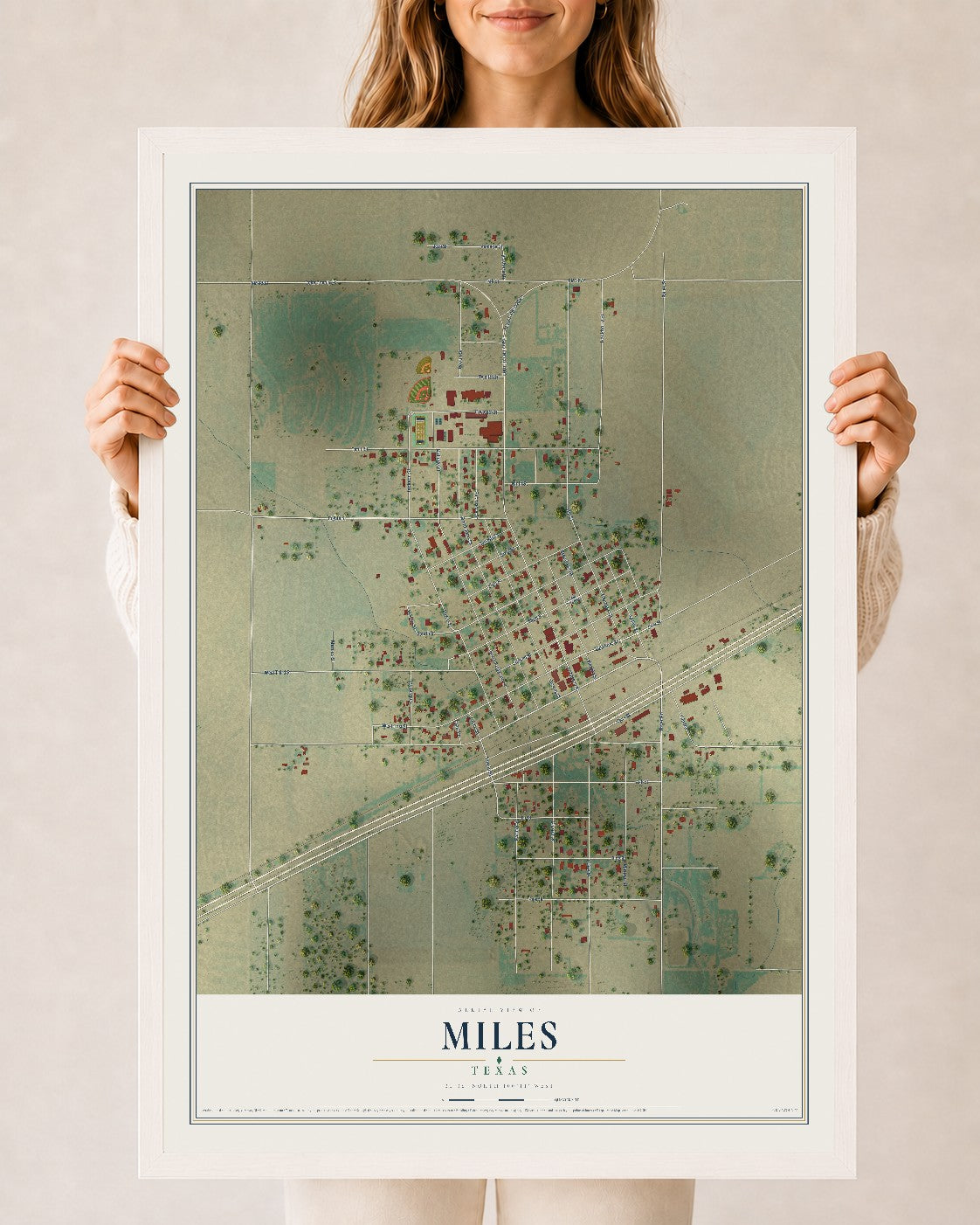 Map of Miles, Texas, 24 x 36 inch print in a white wood frame