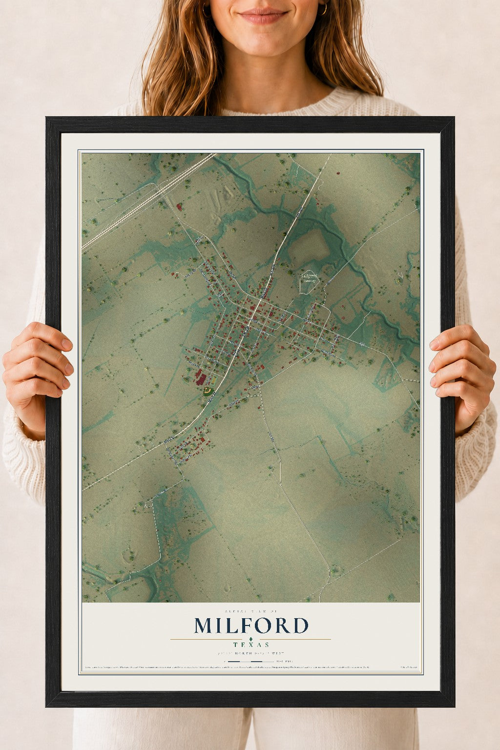 Map of Milford, Texas, 18 x 24 inch print in a black wood frame