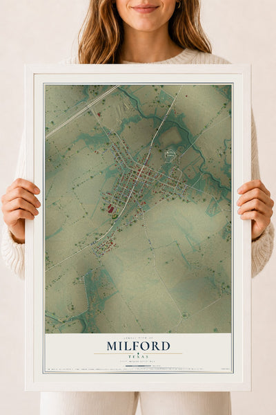 Map of Milford, Texas, 18 x 24 inch print in a white wood frame