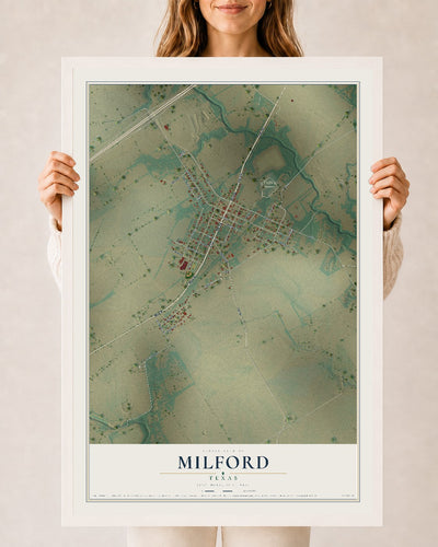 Map of Milford, Texas, 24 x 36 inch print in a white wood frame