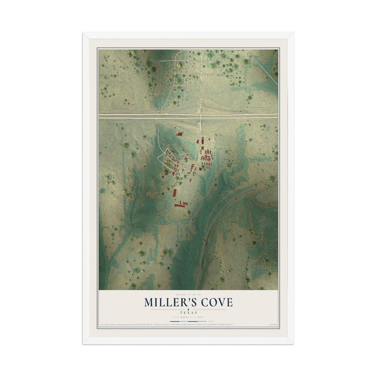 Map of Miller's Cove, Texas, 12 x 18 inch print in a white wood frame