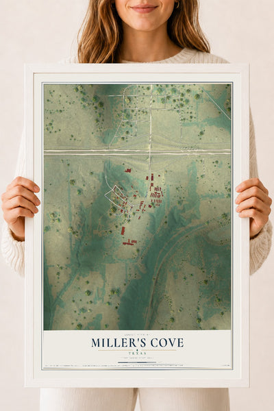 Map of Miller's Cove, Texas, 18 x 24 inch print in a white wood frame