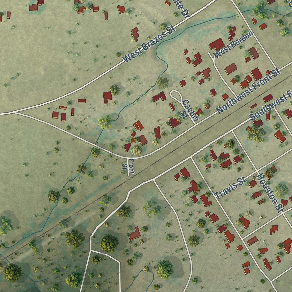 Close-up of the map of Millsap, Texas print showing street and building detail