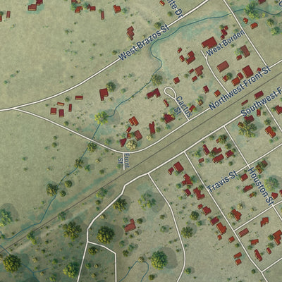 Close-up of the map of Millsap, Texas print showing street and building detail