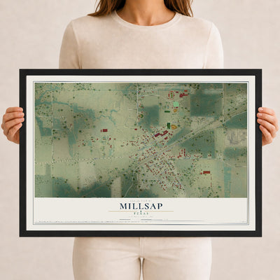 Map of Millsap, Texas, 12 x 18 inch print in a black wood frame