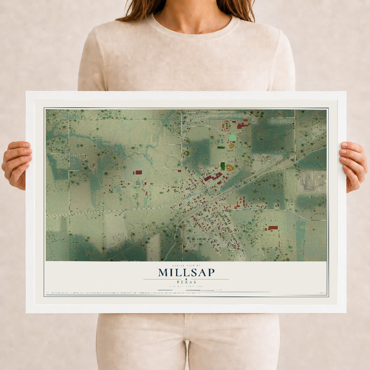 Map of Millsap, Texas, 12 x 18 inch print in a white wood frame