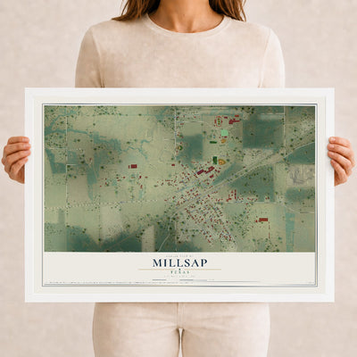 Map of Millsap, Texas, 12 x 18 inch print in a white wood frame