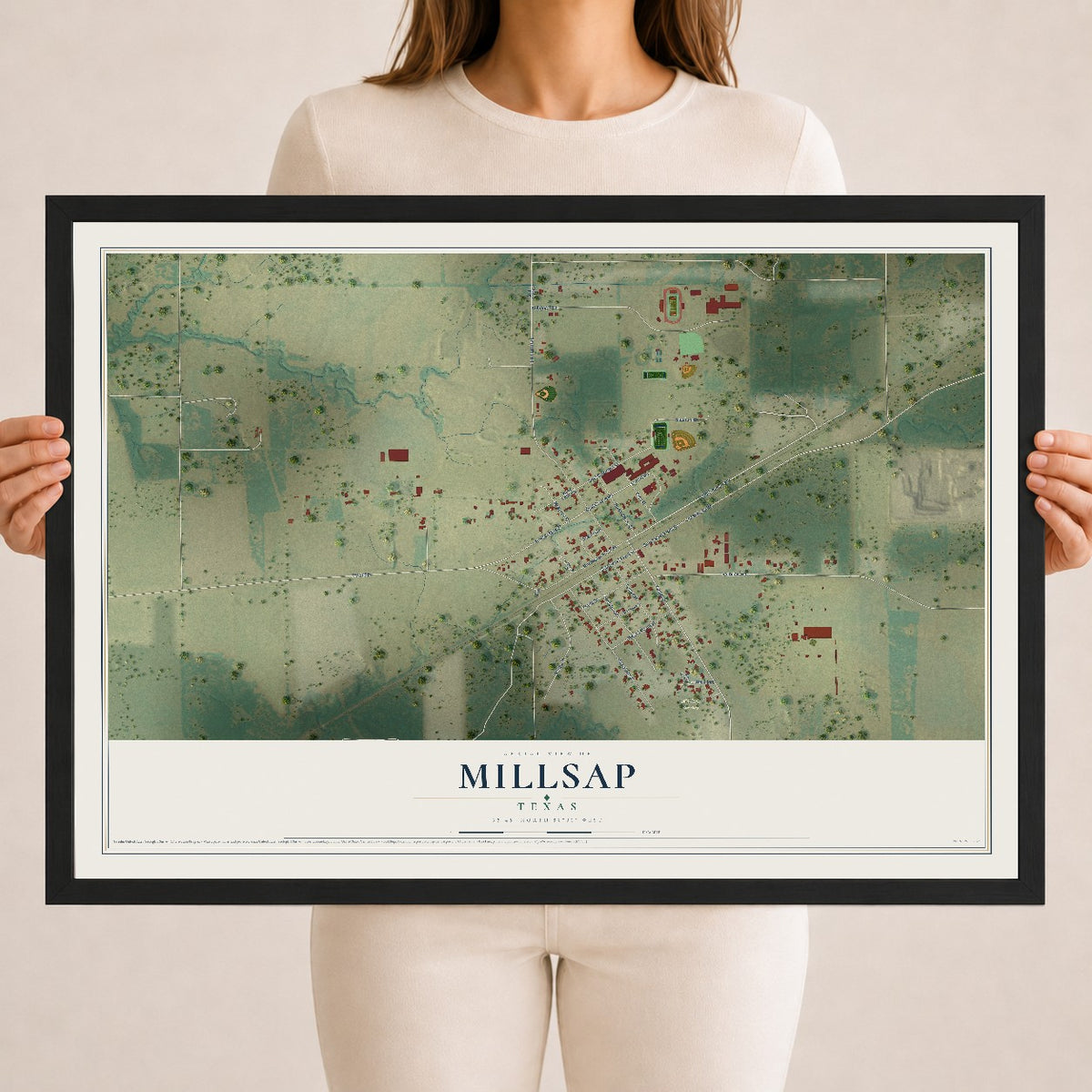 Map of Millsap, Texas, 18 x 24 inch print in a black wood frame