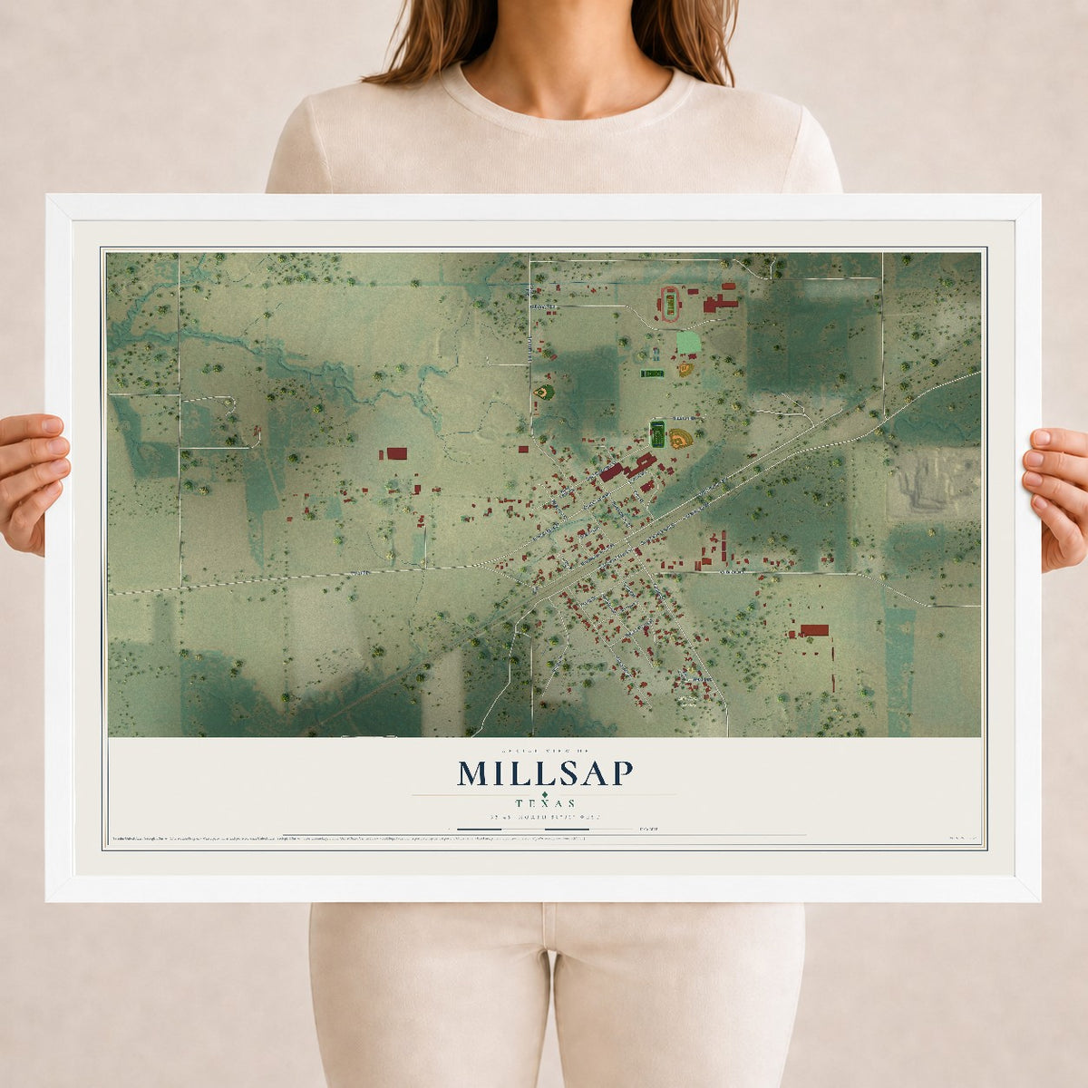 Map of Millsap, Texas, 18 x 24 inch print in a white wood frame