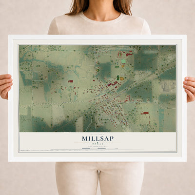 Map of Millsap, Texas, 18 x 24 inch print in a white wood frame