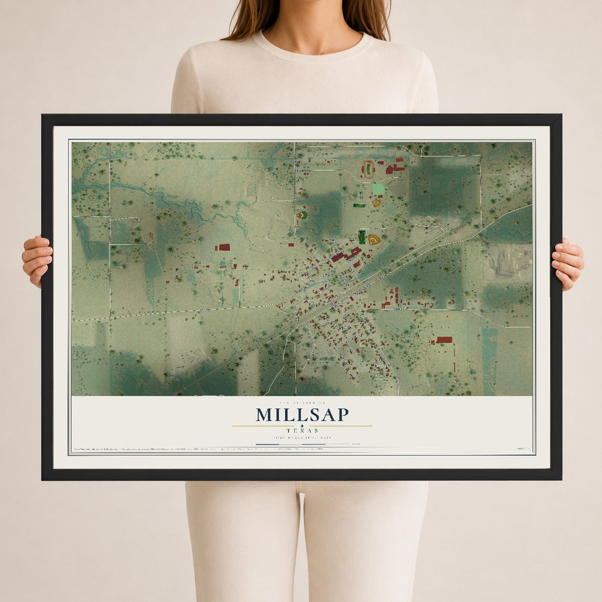 Map of Millsap, Texas, 24 x 36 inch print in a black wood frame