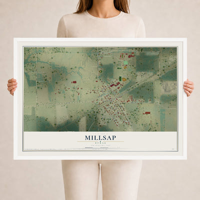 Map of Millsap, Texas, 24 x 36 inch print in a white wood frame