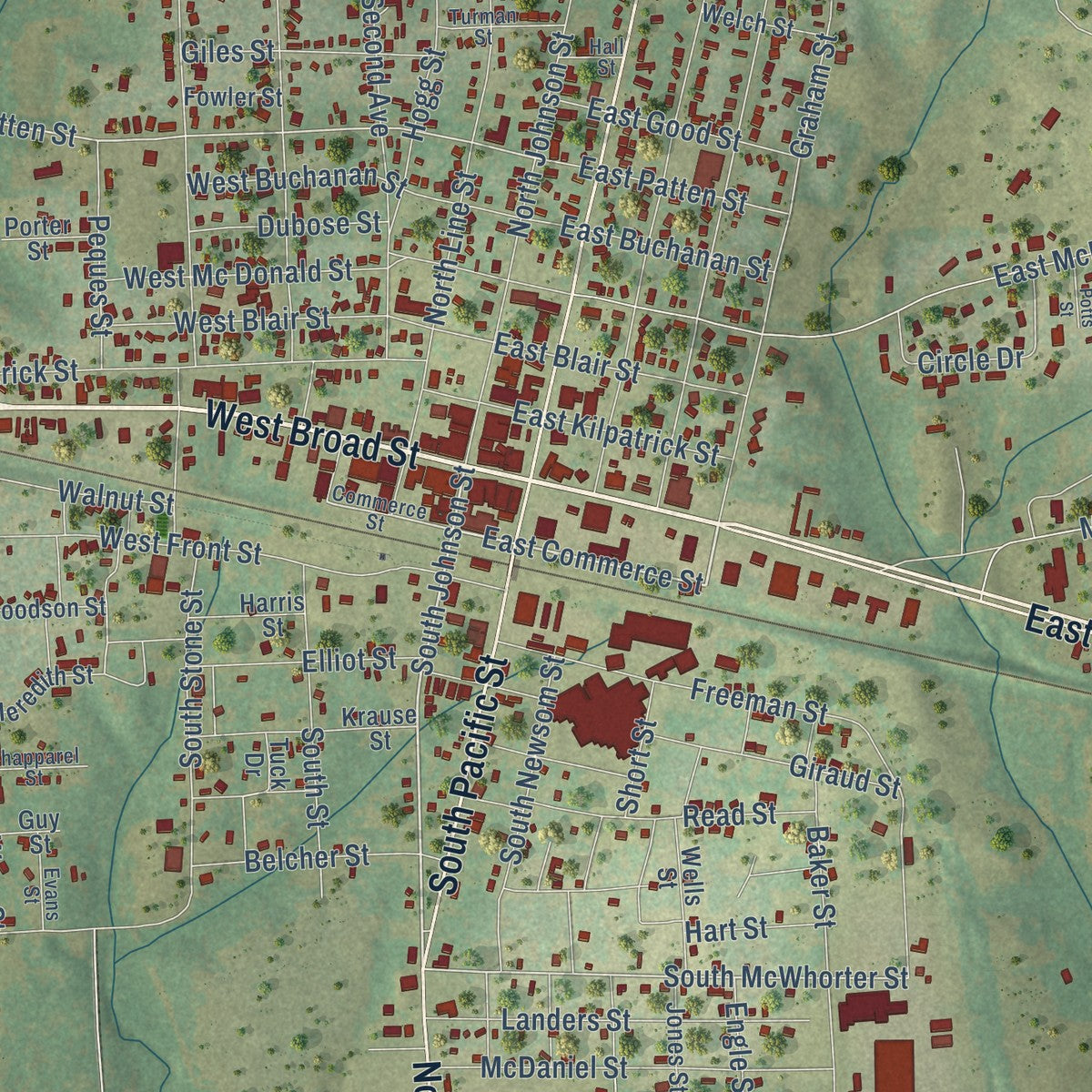 Close-up of the map of Mineola, Texas print showing street and building detail