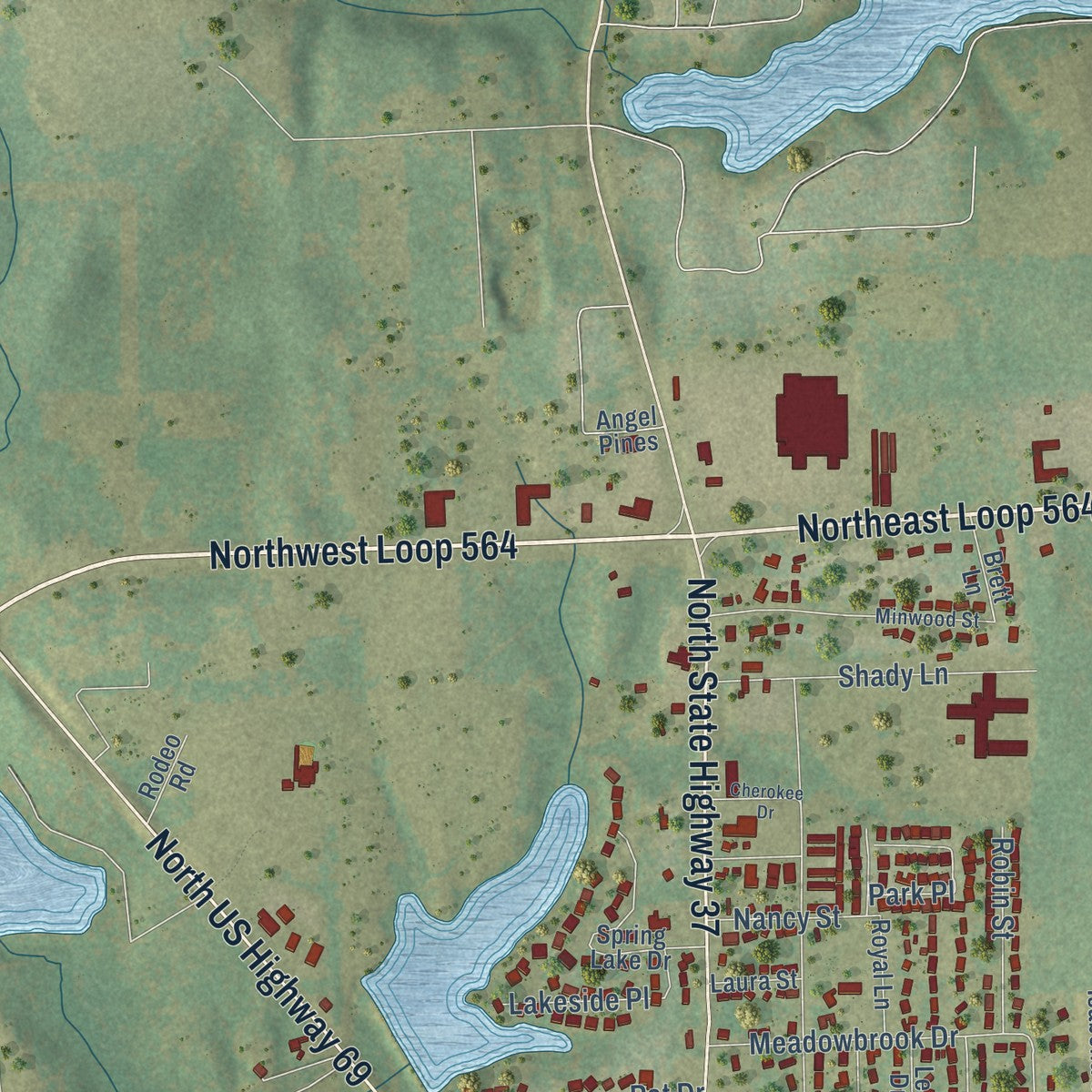 Second close-up of the map of Mineola, Texas print showing more streets and buildings