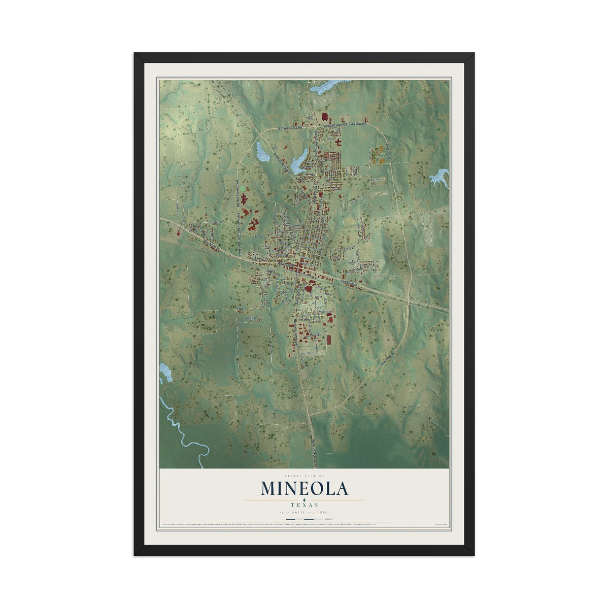 Map of Mineola, Texas, 12 x 18 inch print in a black wood frame