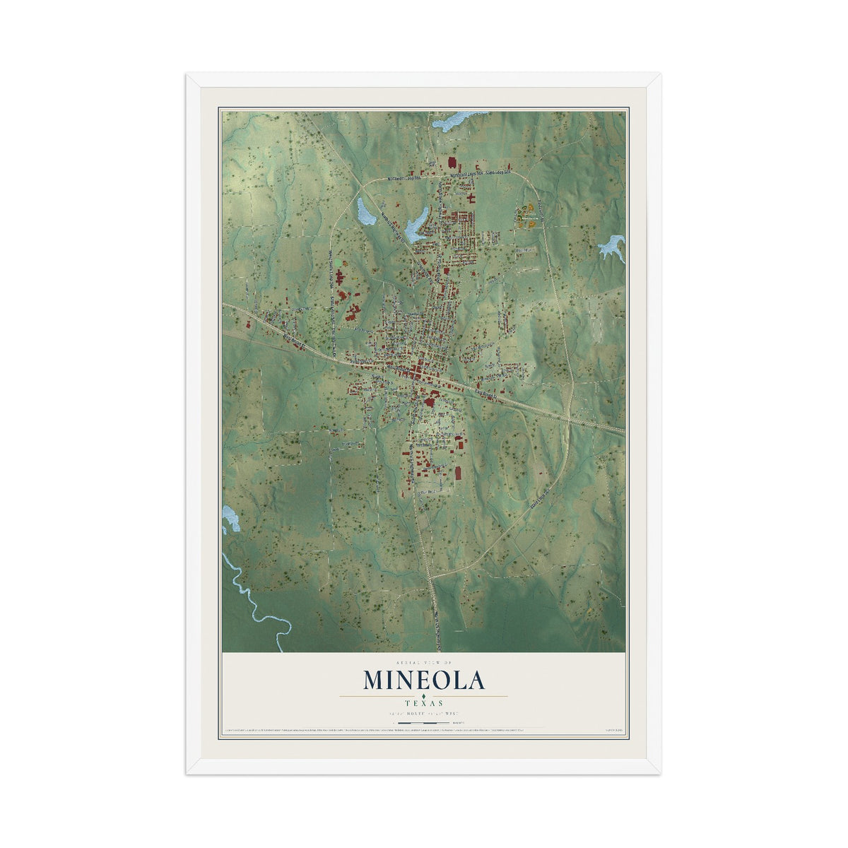 Map of Mineola, Texas, 12 x 18 inch print in a white wood frame