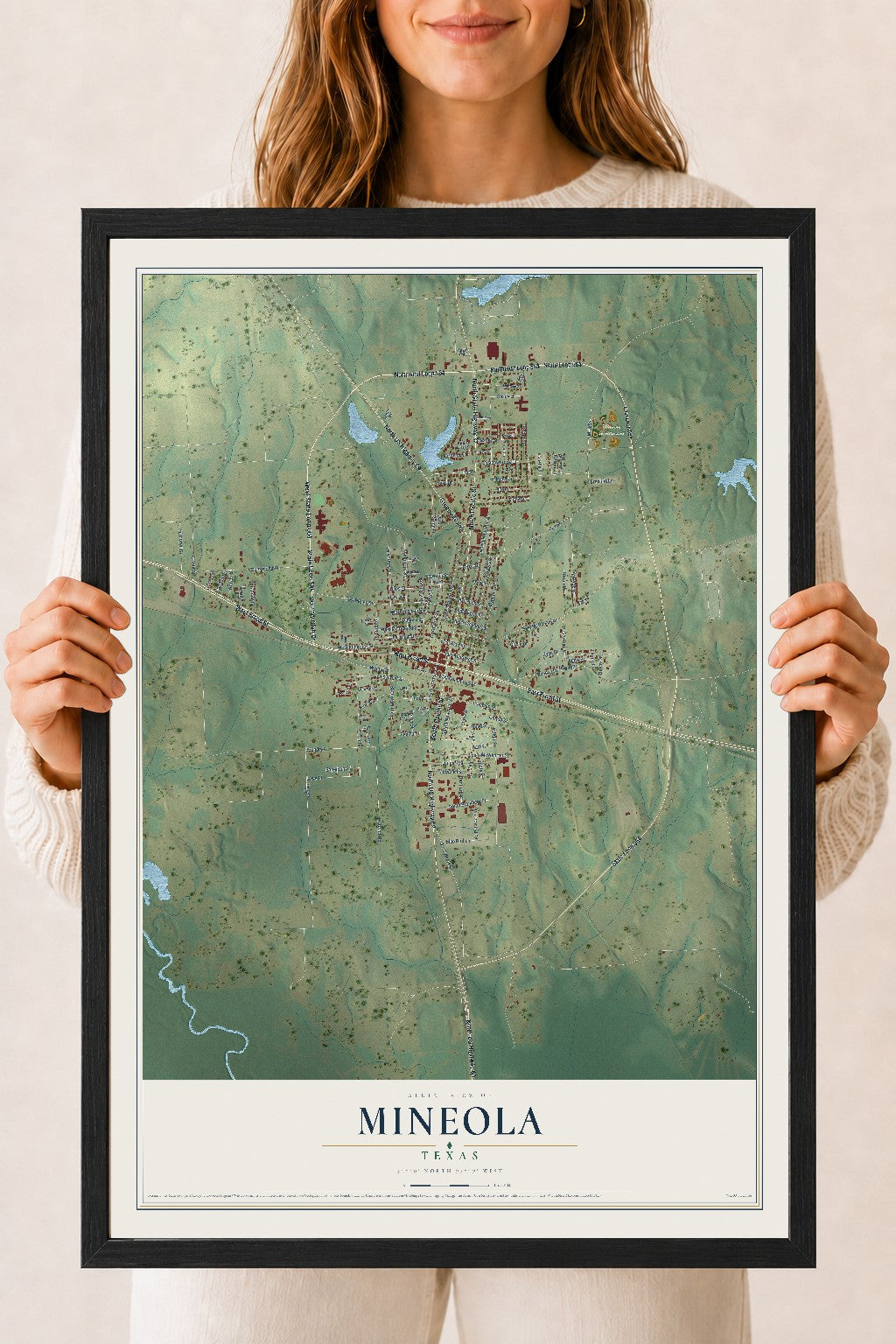 Map of Mineola, Texas, 18 x 24 inch print in a black wood frame