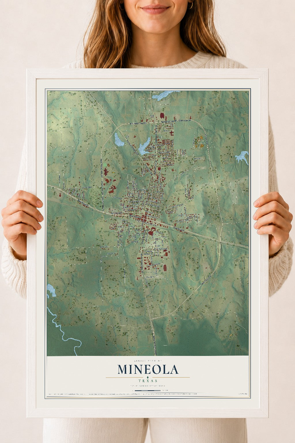 Map of Mineola, Texas, 18 x 24 inch print in a white wood frame