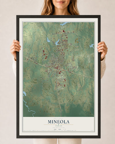 Map of Mineola, Texas, 24 x 36 inch print in a black wood frame