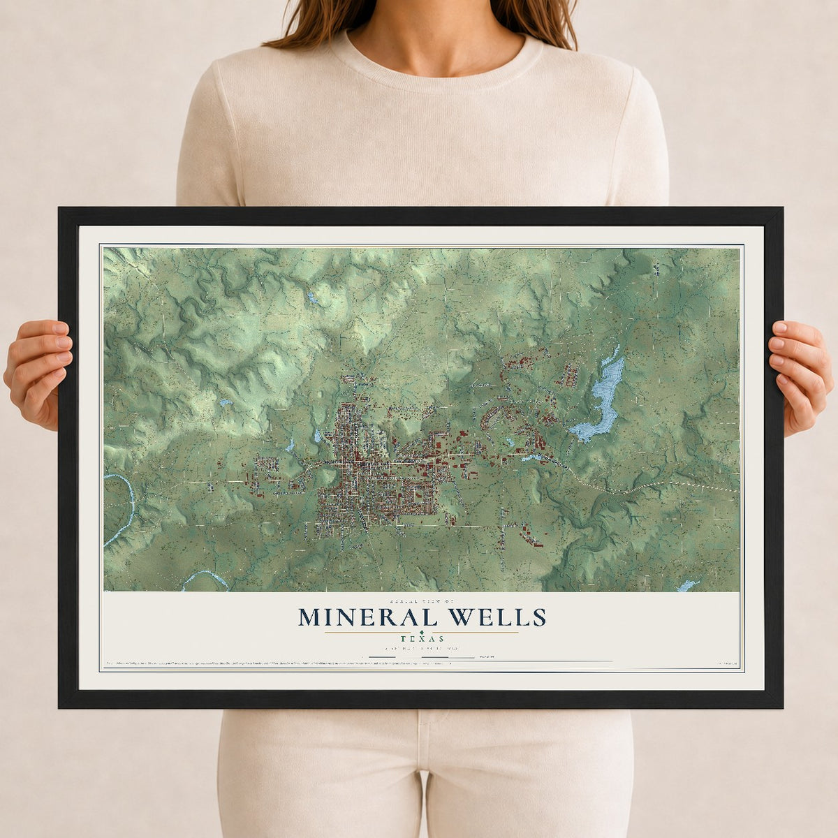 Map of Mineral Wells, Texas, 12 x 18 inch print in a black wood frame